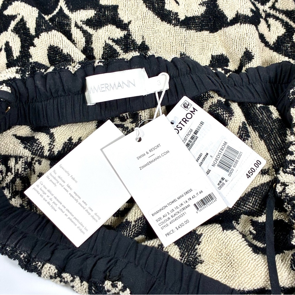 Zimmermann Rhiannon Fringed Terry Cloth Mini Dress Black Cream US 10 AU 3 NWT - Picture 7 of 17